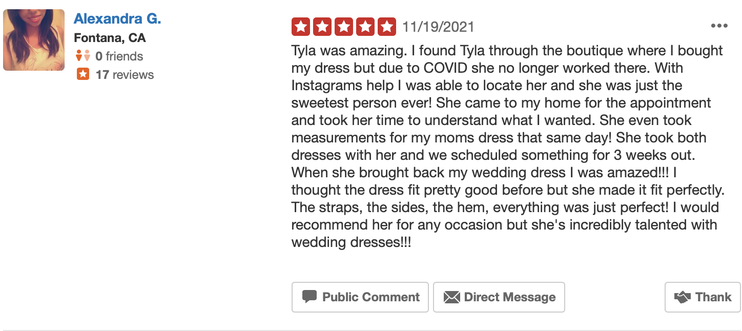 Tyla's Bridal Shop's 5 star review  from the bride