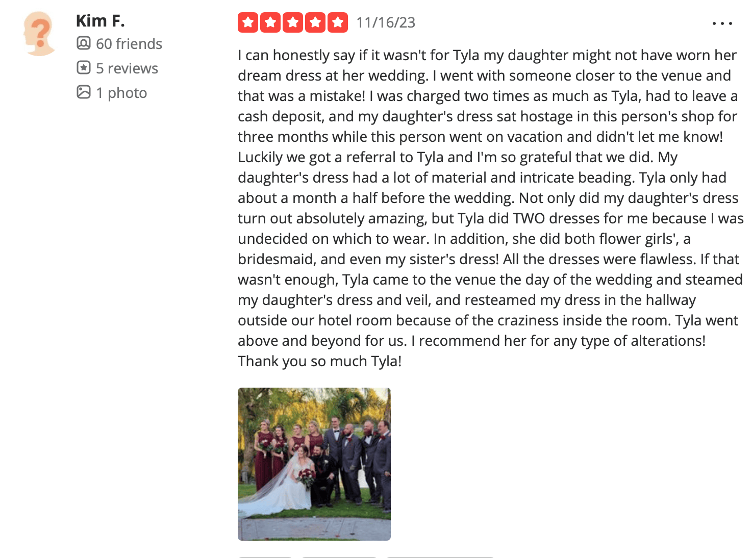 Tyla's Bridal Shop's 5 star review with pictures from the bride